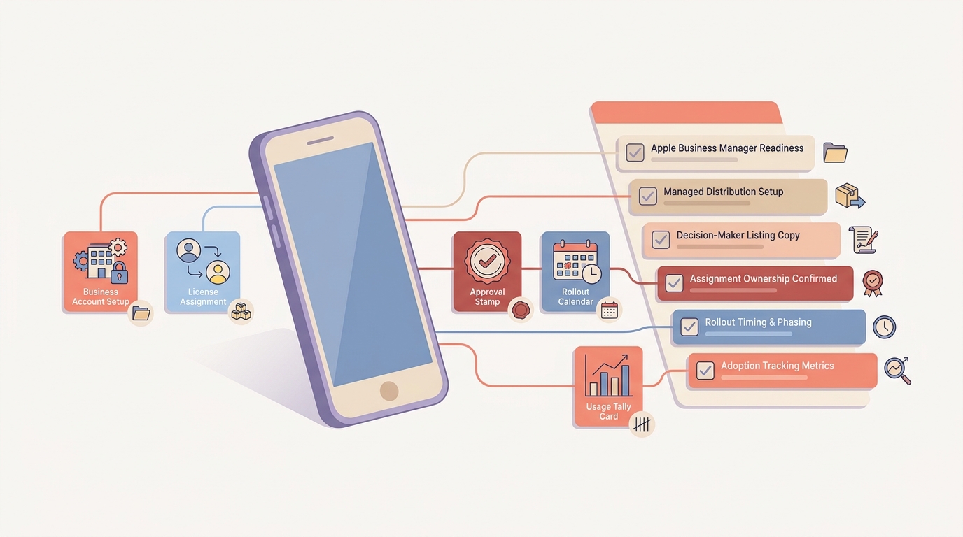 Checklist for launching a B2B mobile app on the App Store with Apple Business Manager, listing preparation, and team rollout tasks.