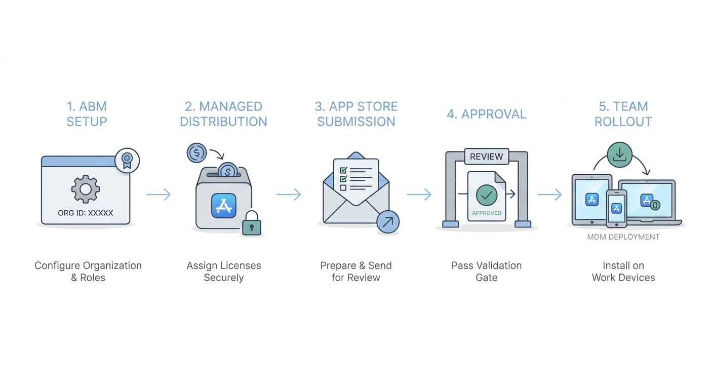 Process diagram for launching a B2B mobile app on the App Store through Apple Business Manager, approval, and team deployment.