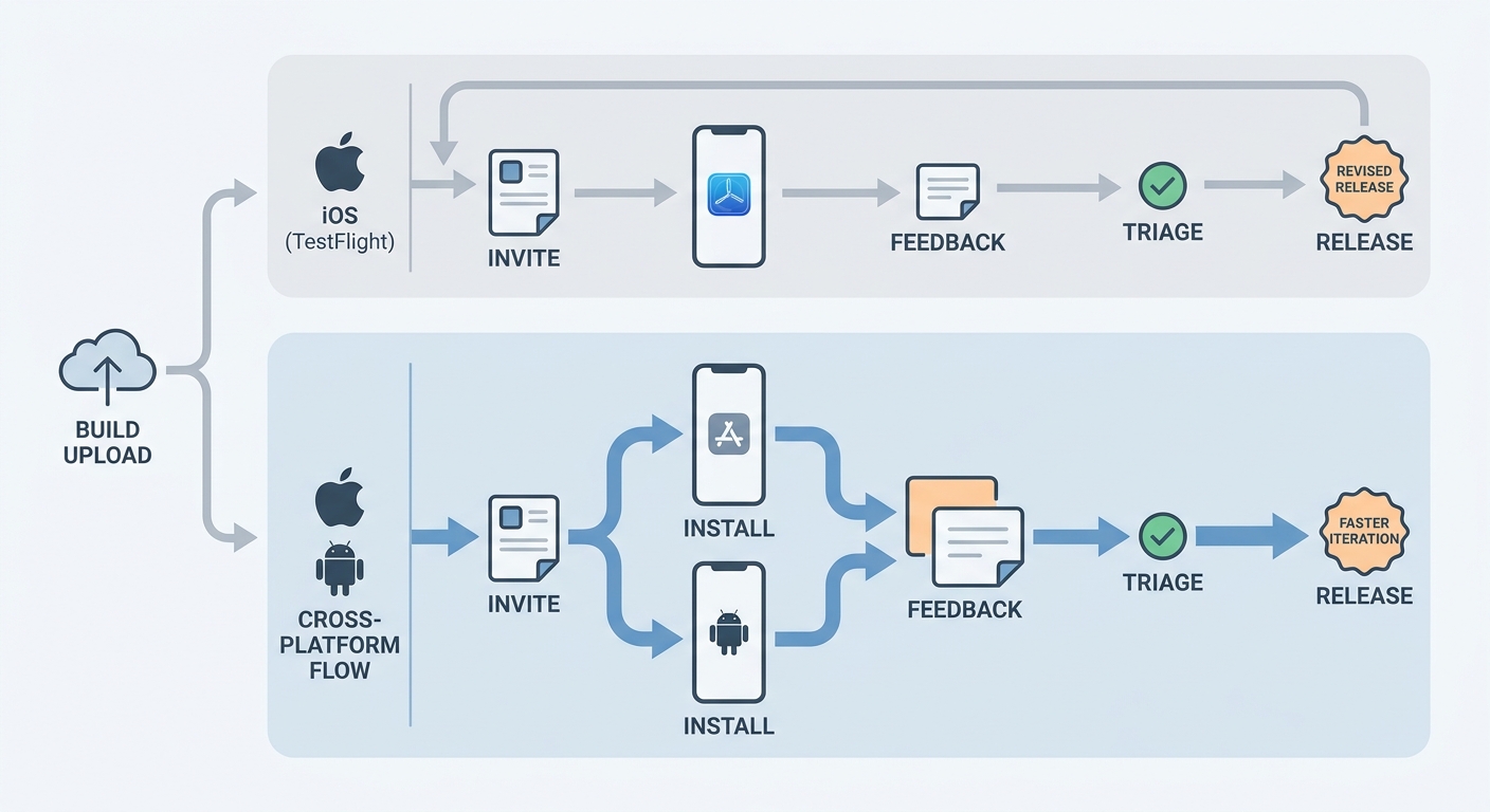 Workflow diagram showing beta build upload, tester invitations, installs, feedback, and updated release for iOS and Android. Workflow diagram showing beta build upload, tester invitations, installs, feedback, and updated release for iOS and Android.