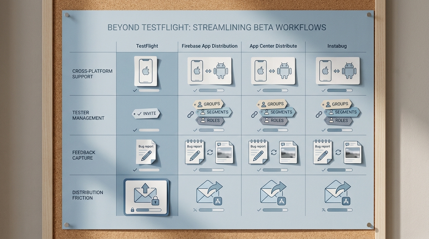 Comparison table of TestFlight and three alternatives showing platform support, tester management, feedback collection, and distribution ease. Comparison table of TestFlight and three alternatives showing platform support, tester management, feedback collection, and distribution ease.