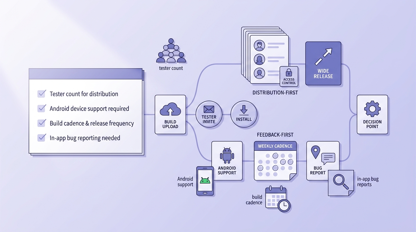 Checklist for choosing a beta testing tool based on tester count, Android support, build cadence, and feedback needs. Checklist for choosing a beta testing tool based on tester count, Android support, build cadence, and feedback needs.