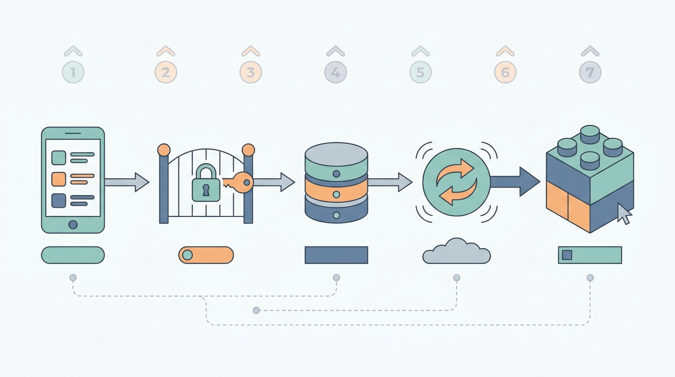 Diagram of a mobile app connected to a no-code backend for authentication, data storage, and real-time syncing.