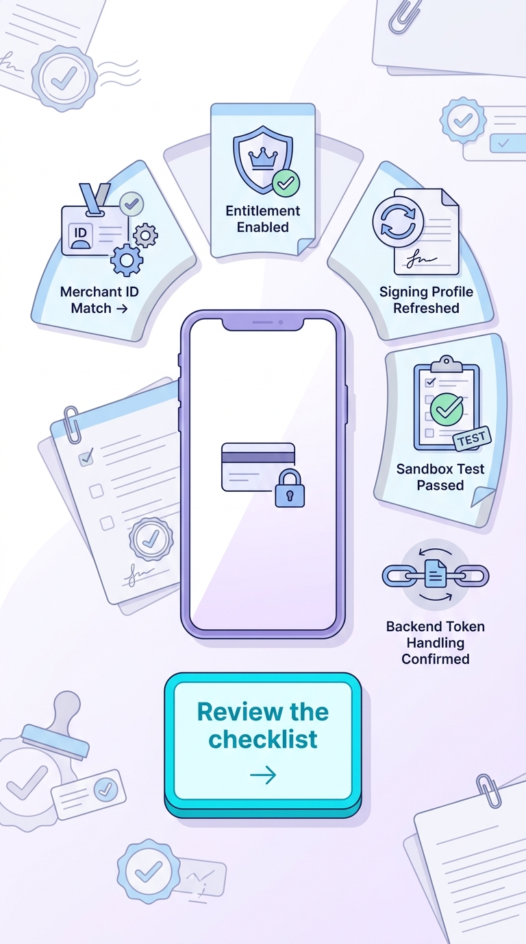 A Violet AI style call-to-action card with the headline “Fix Apple Pay setup issues faster,” a supporting line about spotting the most common setup mistakes before they block payments, and a cyan-accented button labeled “Review the checklist.”