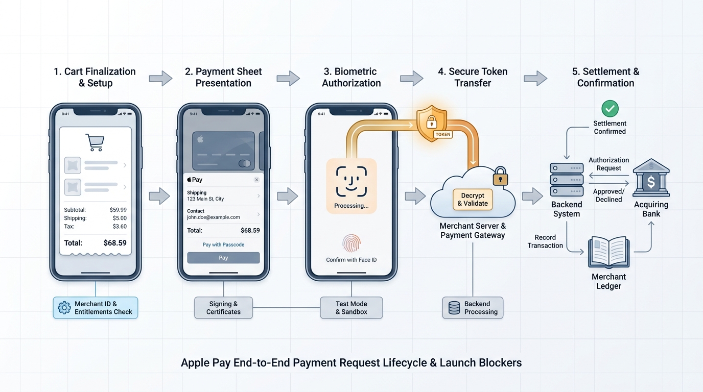 Process diagram showing Apple Pay payment request lifecycle inside an iOS app from cart total to backend settlement