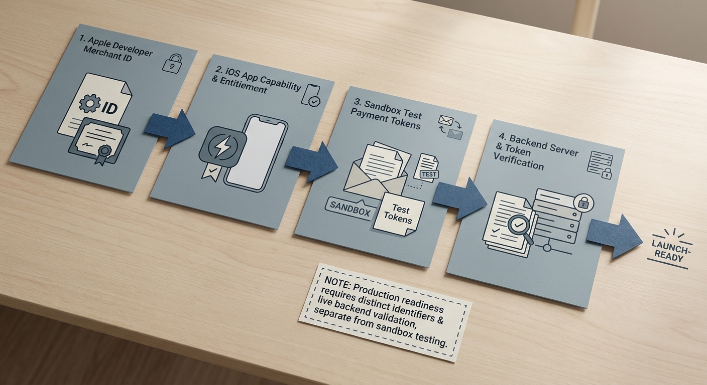 Flow diagram of Apple Pay setup steps for an iOS app from merchant ID to sandbox test and backend processing