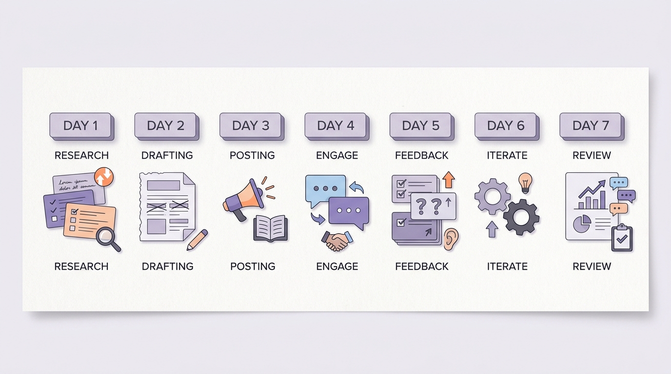 Seven-day timeline for testing Reddit posts to generate the first app downloads and evaluate community response. Seven-day timeline for testing Reddit posts to generate the first app downloads and evaluate community response.