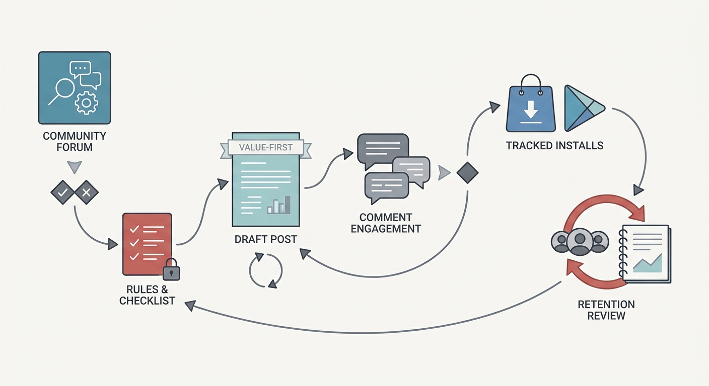 Process flow from choosing a subreddit to posting, tracking installs, and measuring retention for an app download campaign. Process flow from choosing a subreddit to posting, tracking installs, and measuring retention for an app download campaign.