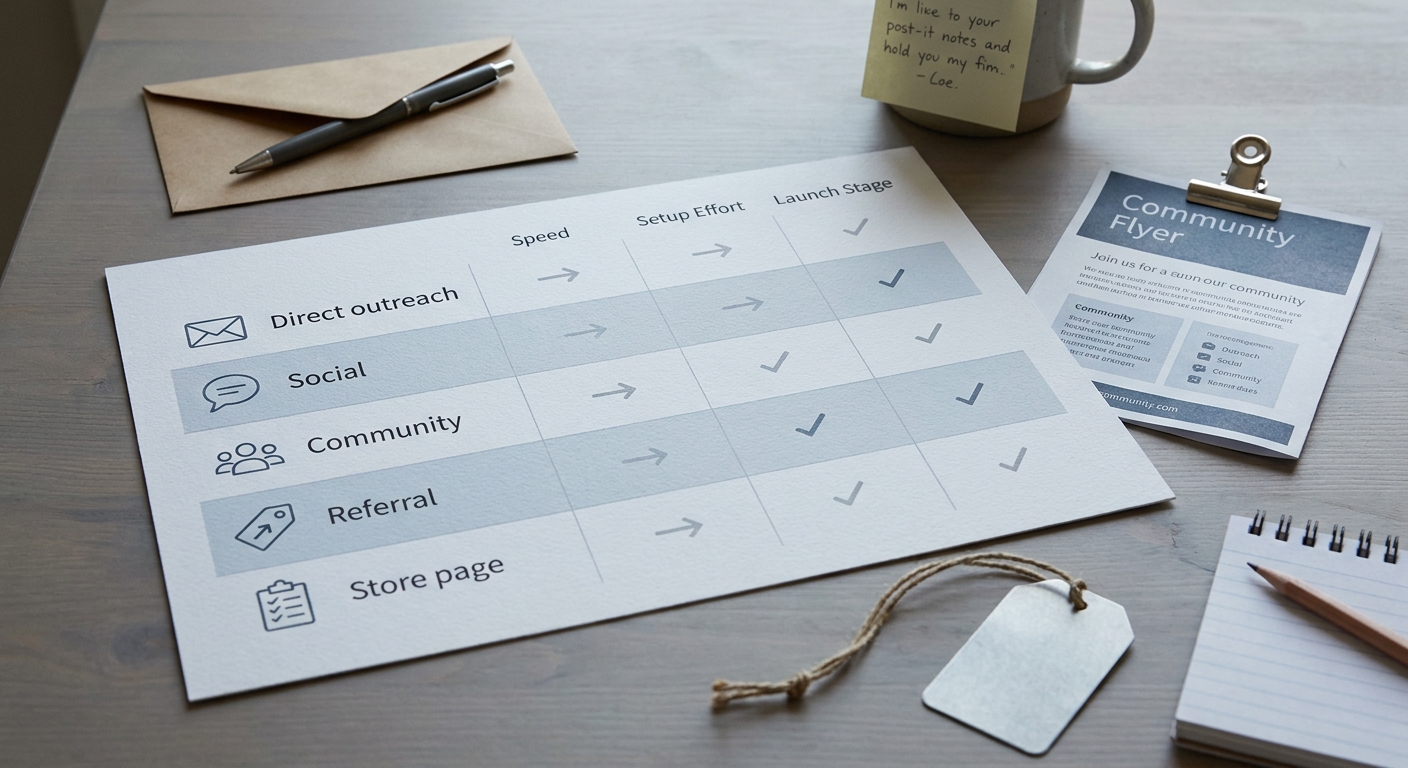 Comparison table of free ways to get first app downloads, including direct outreach, founder social posts, launch communities, referrals, and store-page optimization.