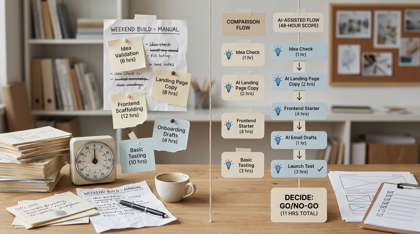 Comparison table showing how AI shortens SaaS weekend build tasks and speeds up launch decisions. Comparison table showing how AI shortens SaaS weekend build tasks and speeds up launch decisions.