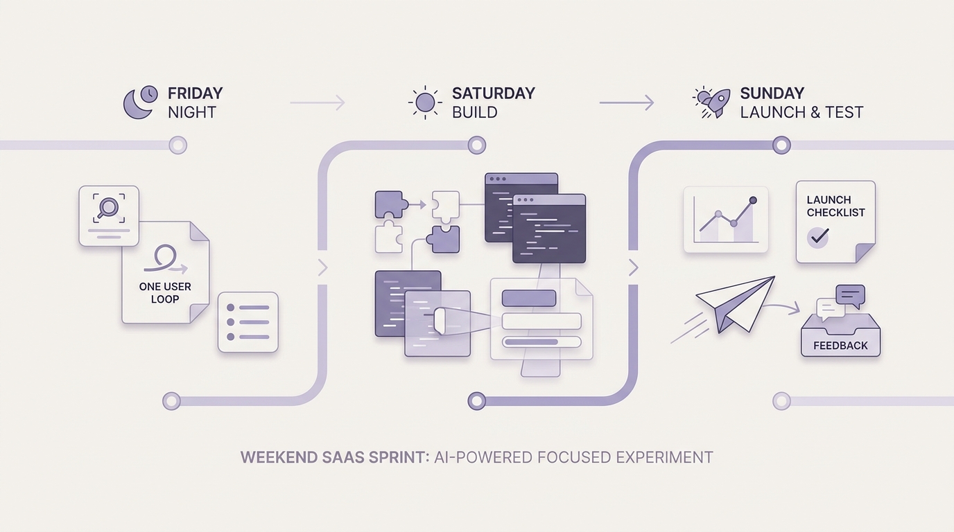 Weekend timeline for building a SaaS app with AI from scope lock to test launch. Weekend timeline for building a SaaS app with AI from scope lock to test launch.