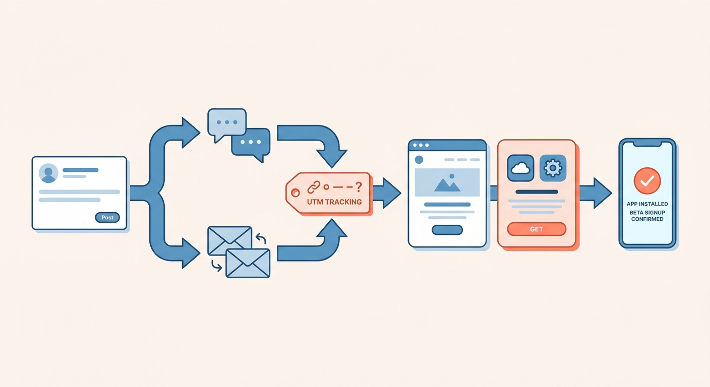 Process diagram showing how LinkedIn attention is routed into app-store traffic, signups, and installs. Process diagram showing how LinkedIn attention is routed into app-store traffic, signups, and installs.