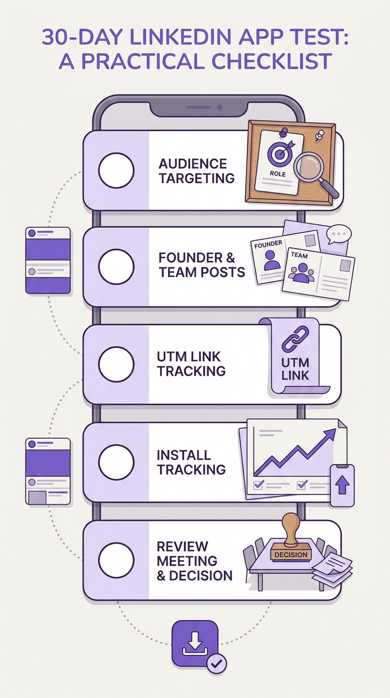 Checklist for running a 30-day LinkedIn test to promote a mobile app and measure installs or signups. Checklist for running a 30-day LinkedIn test to promote a mobile app and measure installs or signups.