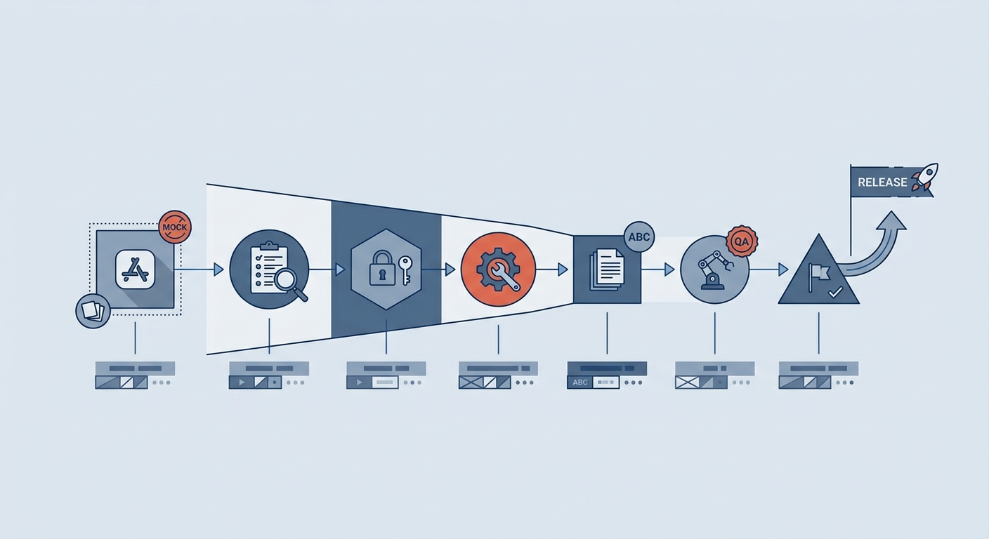 Workflow diagram showing API mocking, request testing, documentation, and release validation speeding up mobile app development. Workflow diagram showing API mocking, request testing, documentation, and release validation speeding up mobile app development.