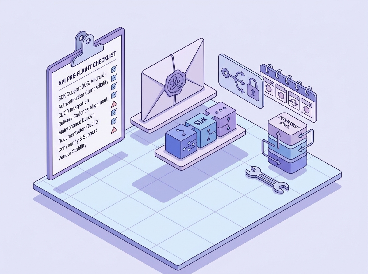 Checklist for choosing an API tool for mobile development covering SDK support, auth, CI, release cadence, and maintenance. Checklist for choosing an API tool for mobile development covering SDK support, auth, CI, release cadence, and maintenance.