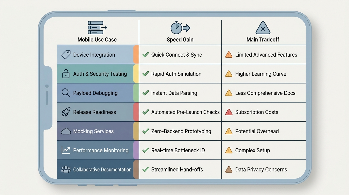 Comparison table of seven API tools for mobile development showing use case, speed benefit, and tradeoff. Comparison table of seven API tools for mobile development showing use case, speed benefit, and tradeoff.