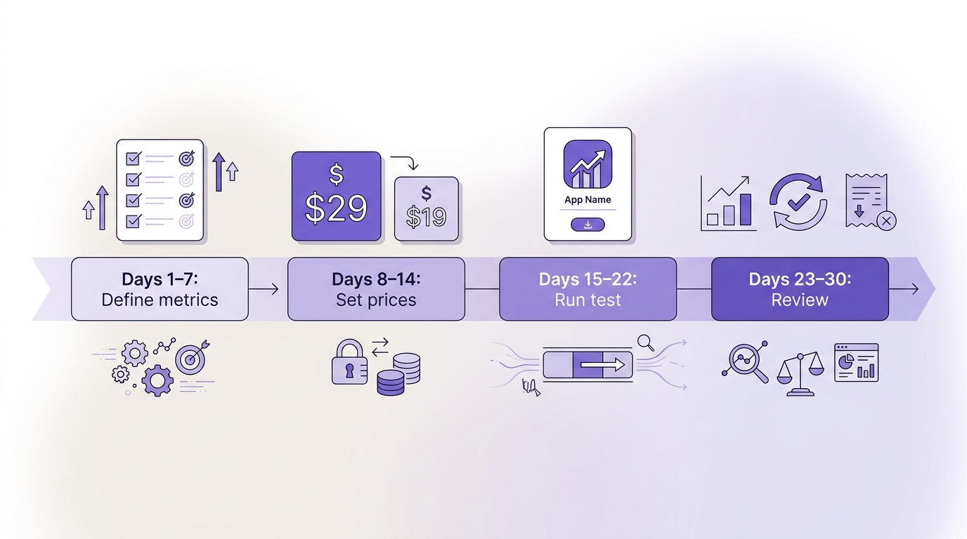 Timeline showing a 30-day app pricing test from metric definition to price comparison and cohort review.