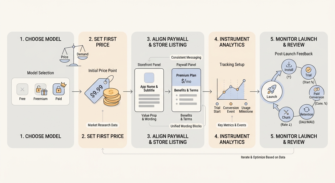 Workflow diagram for setting and validating an app price across App Store and Google Play before and after launch.