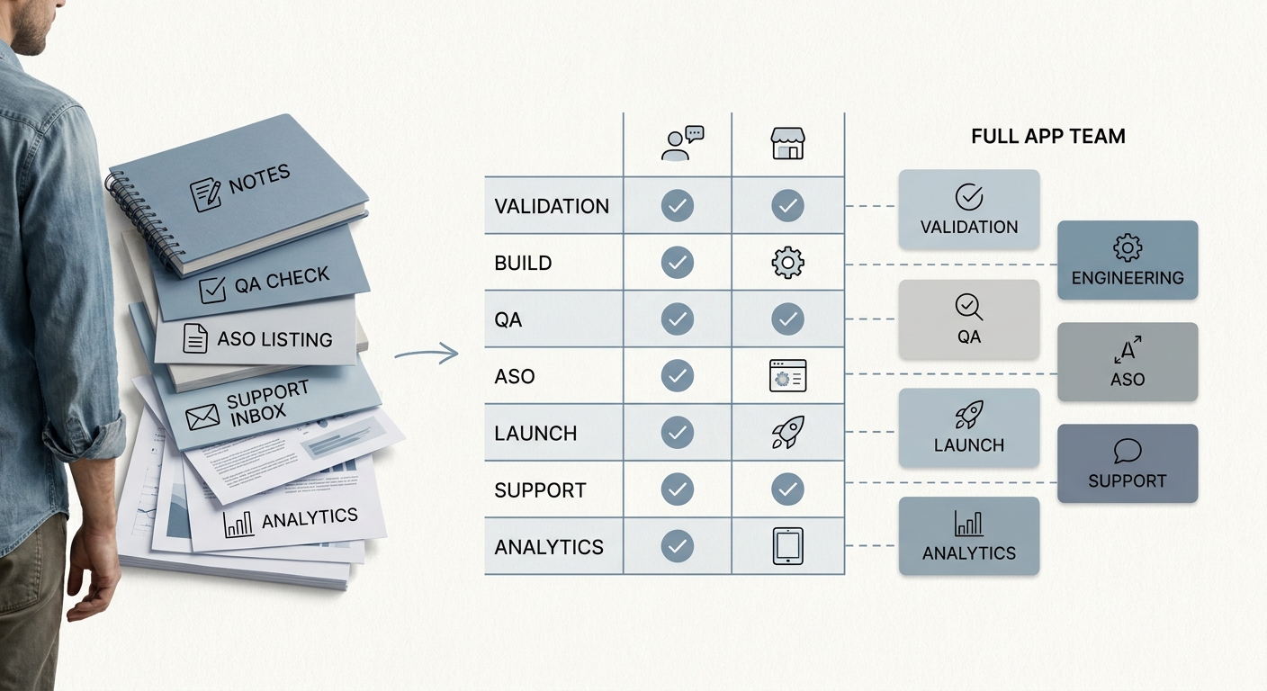 Comparison table showing solo app founder responsibilities versus traditional app team roles for App Store and Google Play launches.