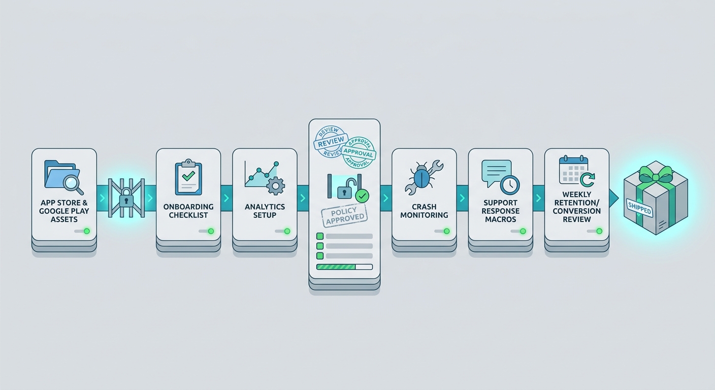 Isometric checklist block with six stacked action cards on a modular release path: audit policy folders, tighten compliance gates, queue app updates, review approval checkpoints, assign release keys, and ship only when every gate is green. The blocks use teal and cyan accents with clear depth and directional arrows.