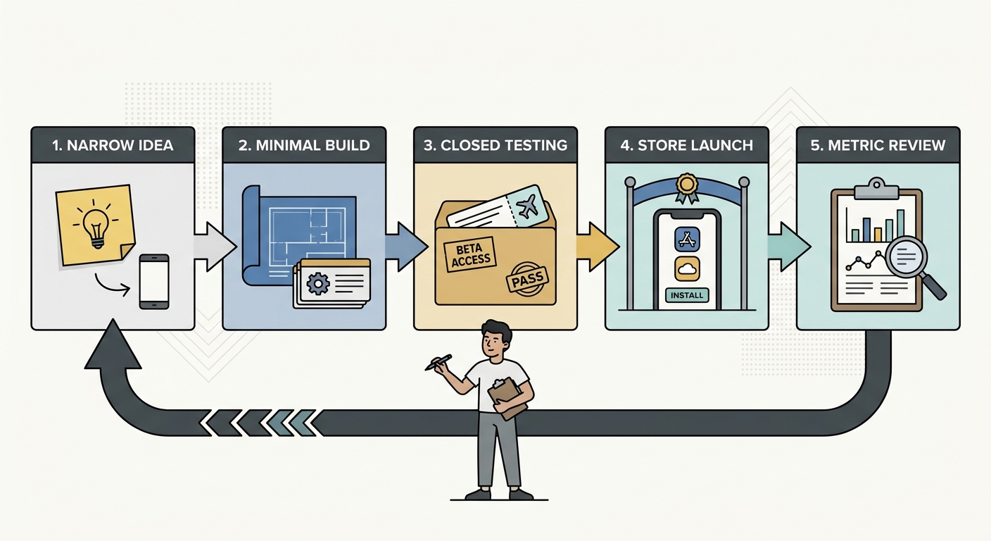 Process diagram of a solo app founder moving from idea to test build to store launch to measurement and iteration.