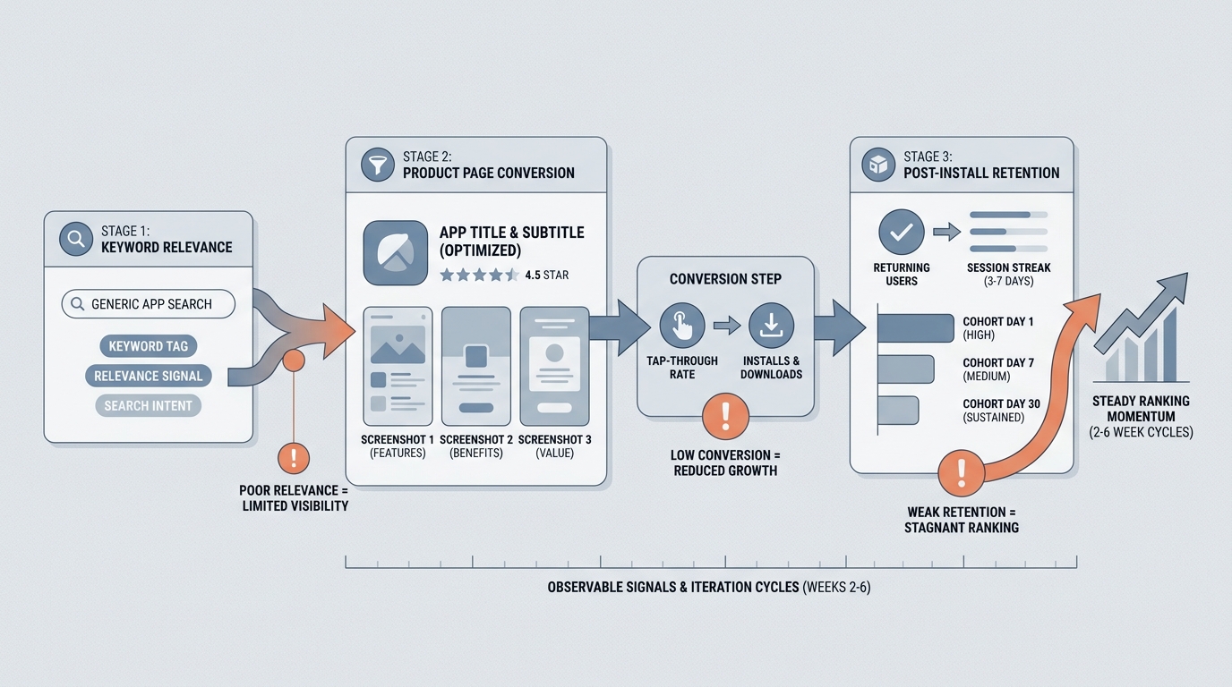 Process diagram showing how App Store ranking signals flow from relevance to conversion to retention.