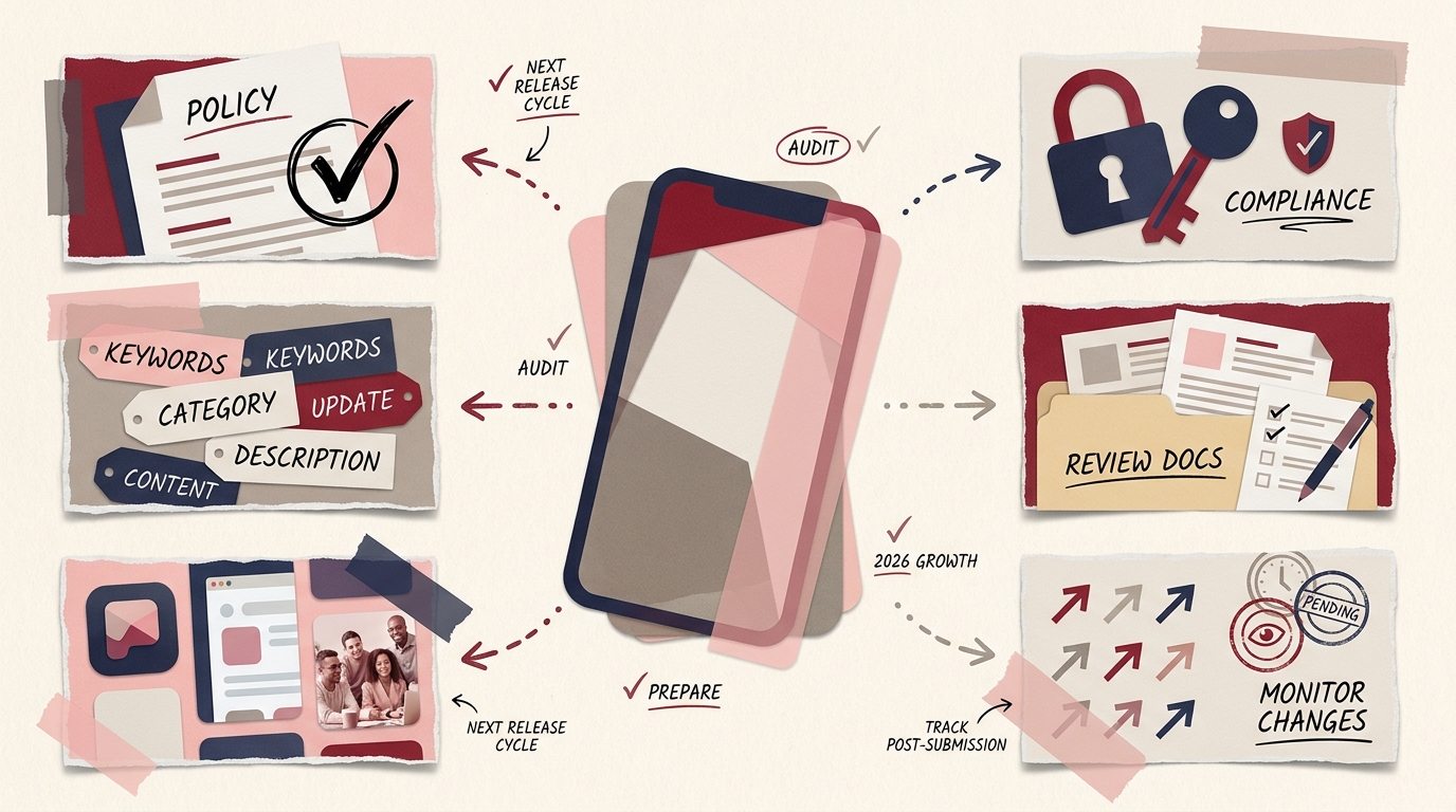 A modern editorial collage checklist with six short action cards, paper textures, cropped app tiles, folder tabs, a policy card, a lock, a key, arrows, and stamped icons arranged in a bold magazine-style layout using deep red and soft pink accents.