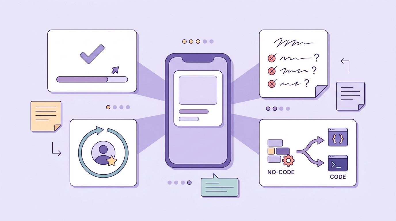 Checklist for deciding what to do after a beginner's first mobile app launch: measure task completion, return visits, and feedback.