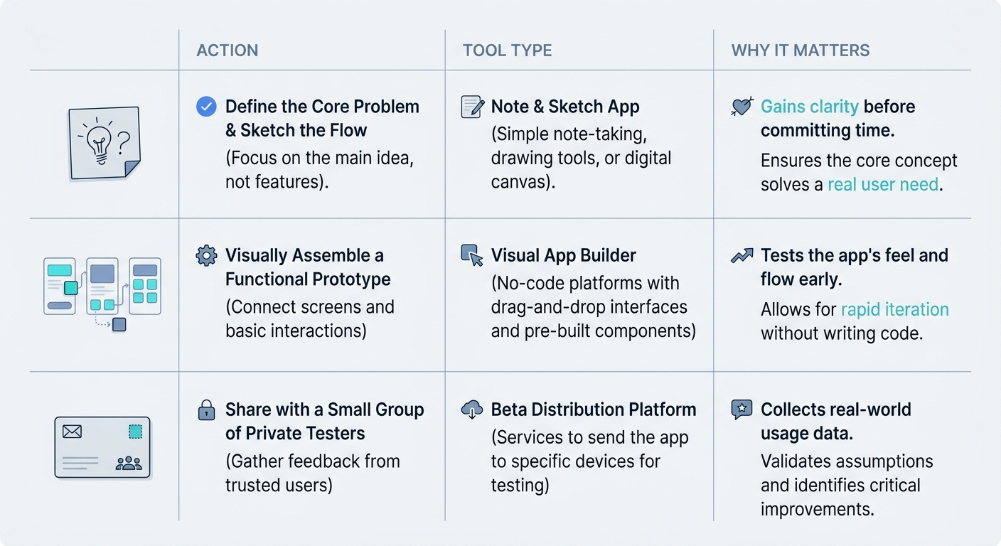 Table comparing a zero-experience mobile app workflow: idea note, no-code prototype, and private testing on App Store or Google Play.