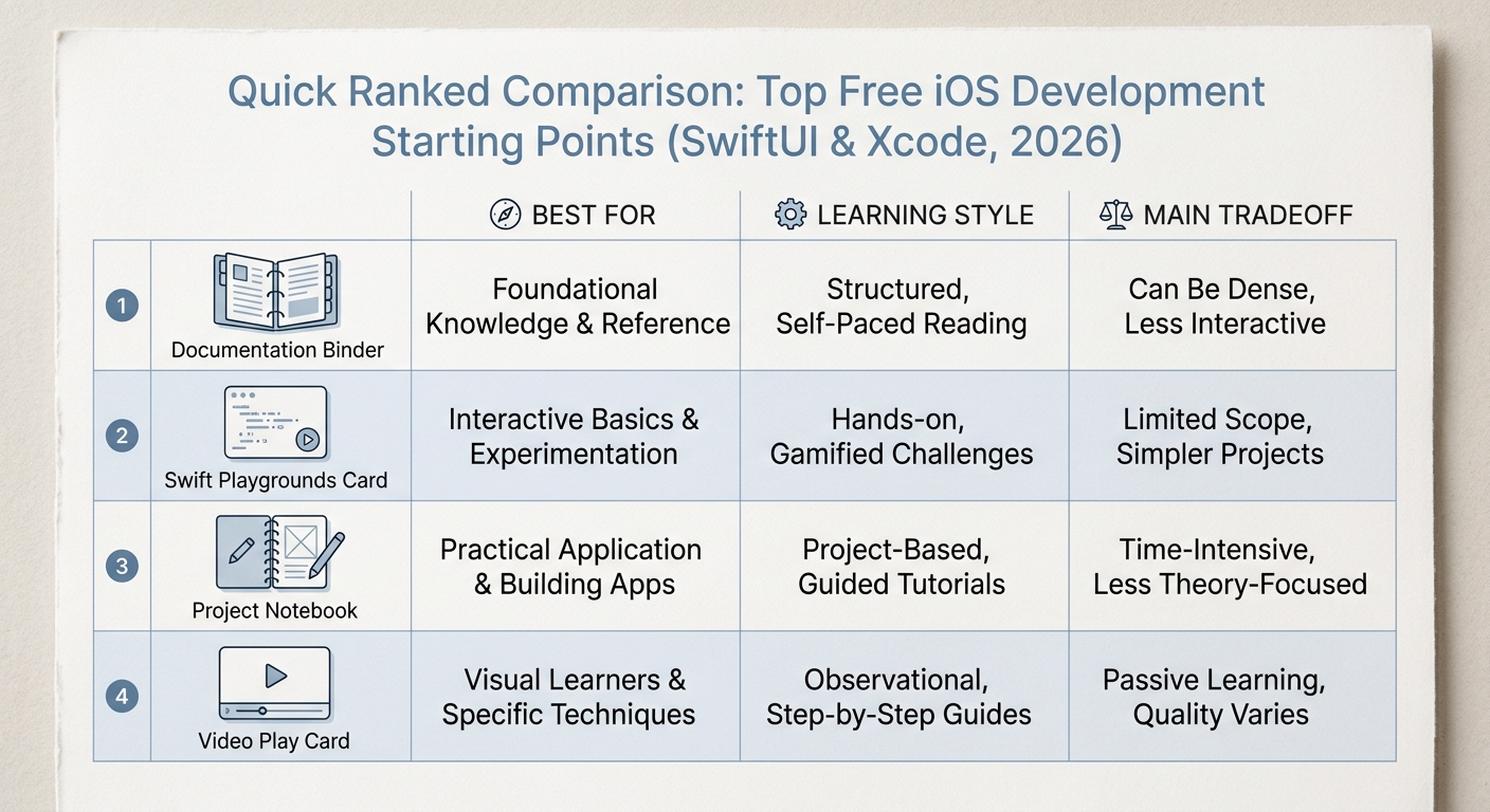 Comparison table of free iOS development learning resources in 2026, ranked by best fit and learning style Comparison table of free iOS development learning resources in 2026, ranked by best fit and learning style