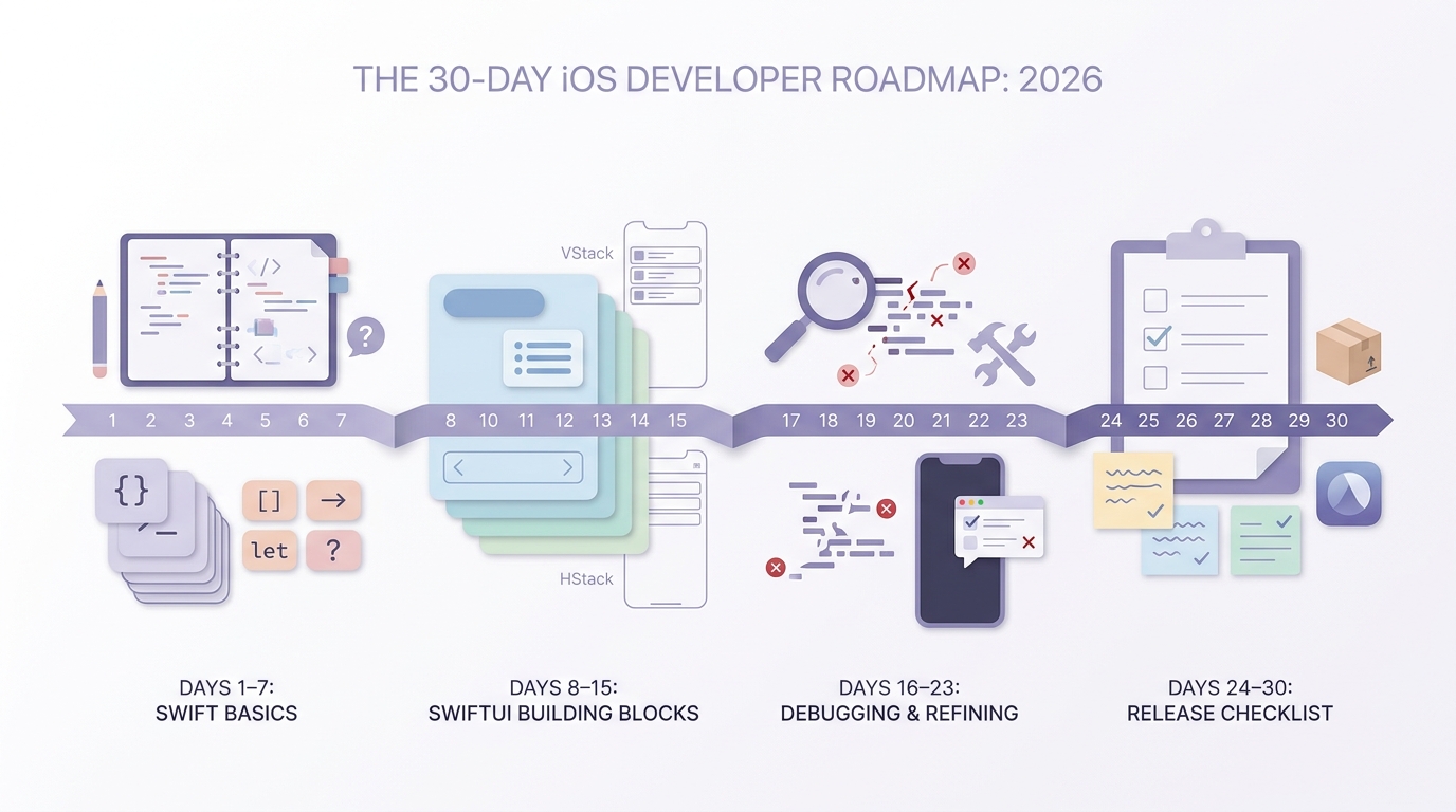 30-day timeline for learning iOS development using free resources, from Swift basics to a first SwiftUI app 30-day timeline for learning iOS development using free resources, from Swift basics to a first SwiftUI app
