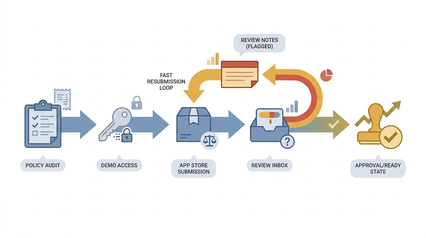 Workflow diagram for finance app App Store submission and review response loop.