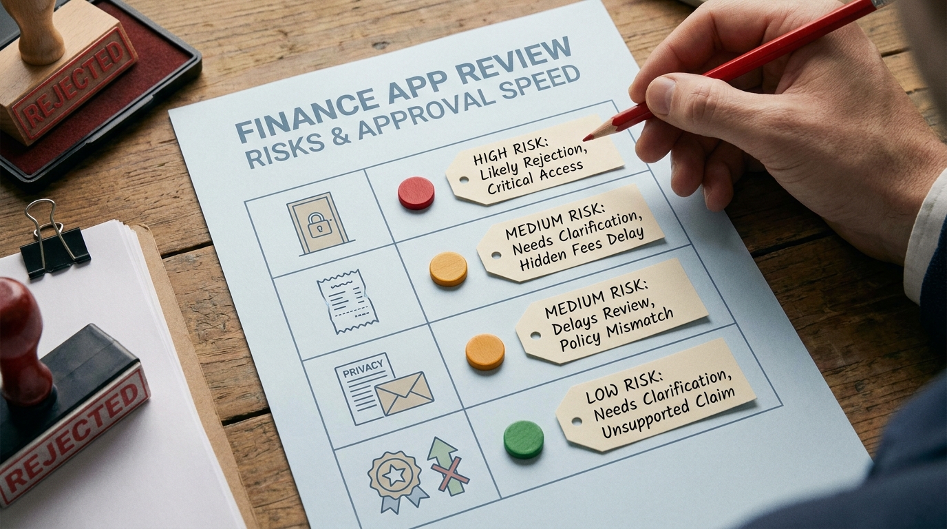 Table comparing finance app App Store review risk areas and why they affect approval.