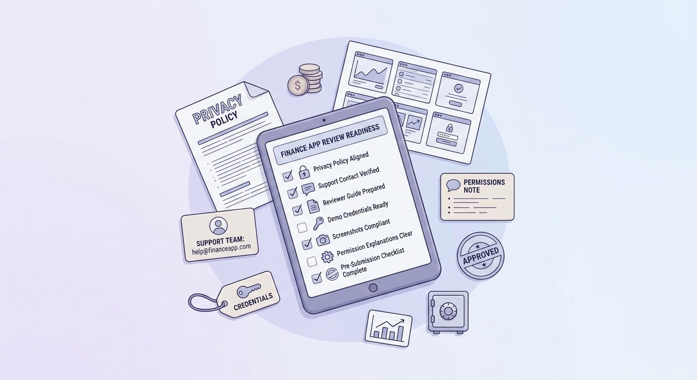 Checklist for finance app App Store review readiness and resubmission preparedness.