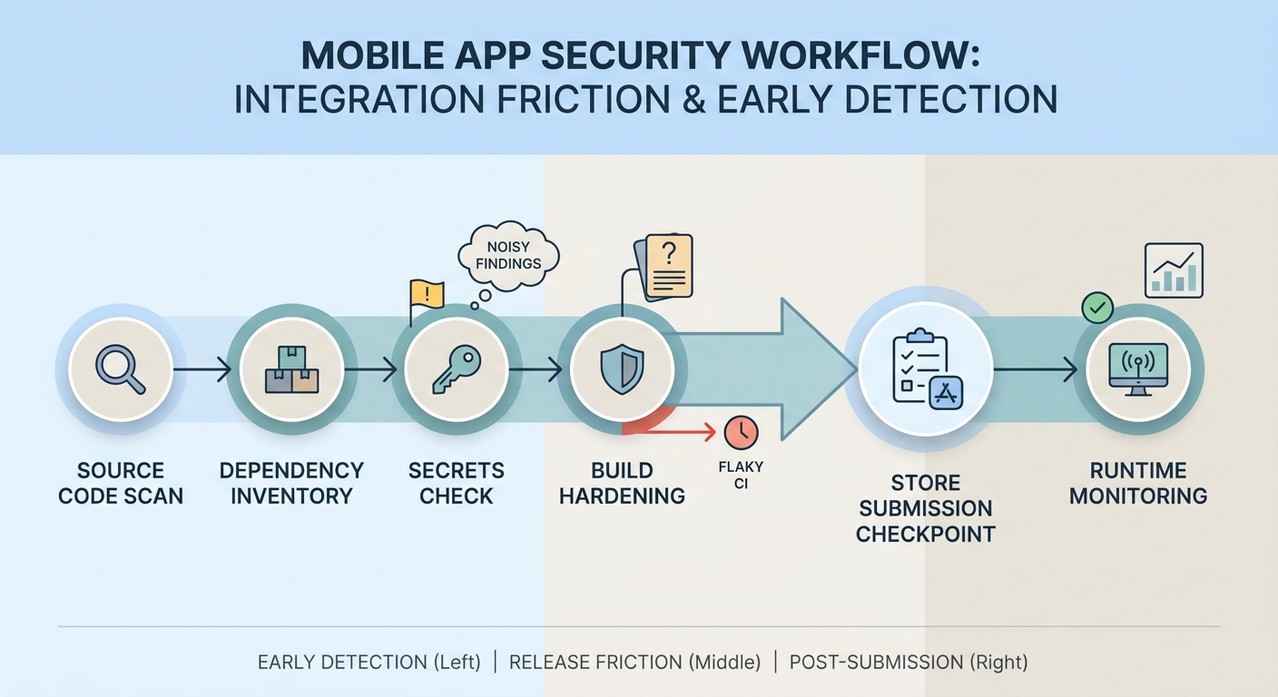 Workflow diagram of mobile app security tools placed across CI, release hardening, and runtime monitoring stages.