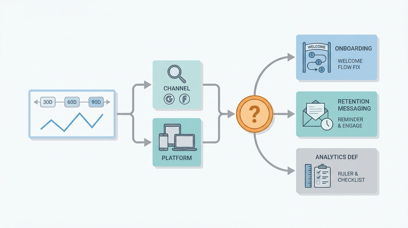 Workflow diagram for diagnosing DAU/MAU movement by trend, channel, platform, and measurement definition. Workflow diagram for diagnosing DAU/MAU movement by trend, channel, platform, and measurement definition.