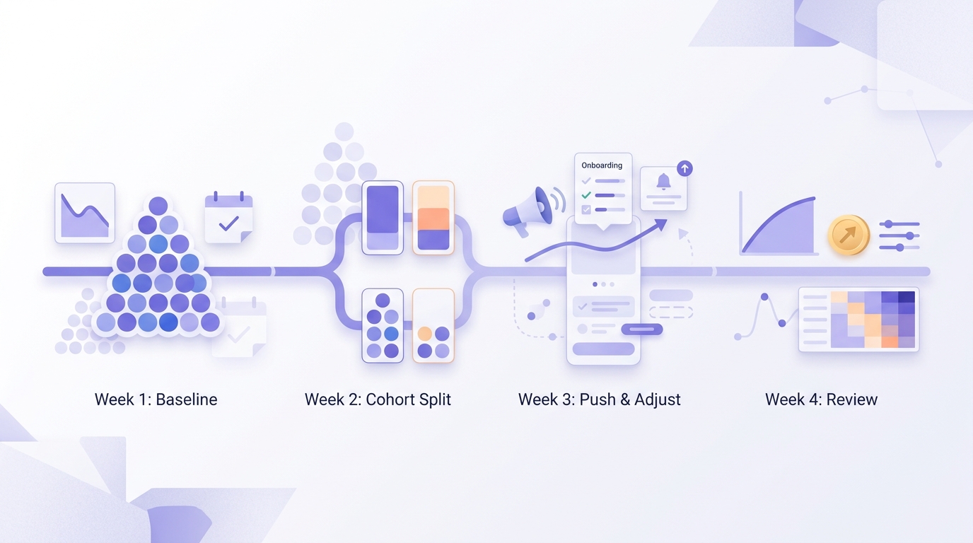 Timeline of how an app team applies DAU/MAU over four weeks after a launch. Timeline of how an app team applies DAU/MAU over four weeks after a launch.