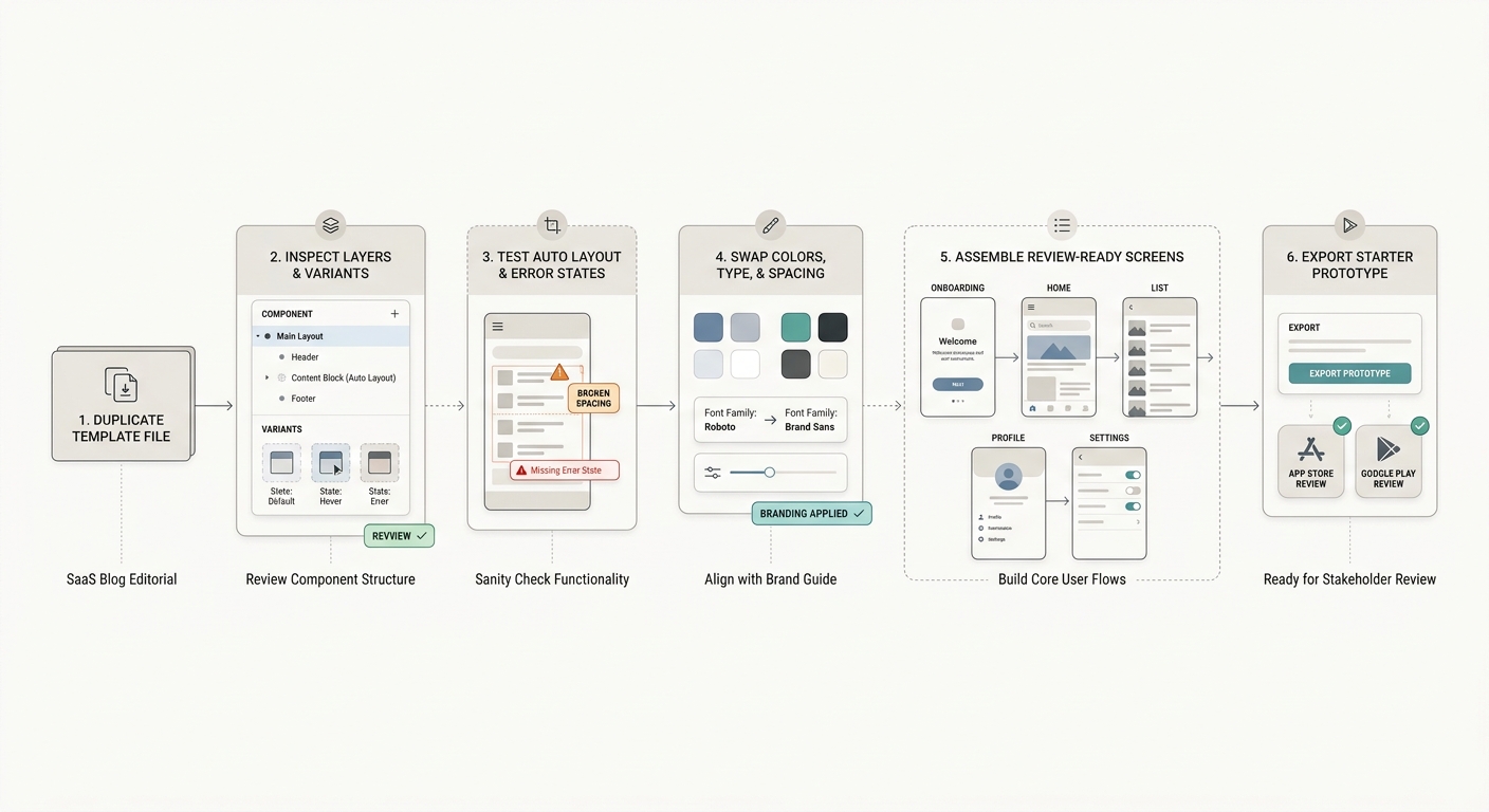 Workflow diagram for turning a free Figma mobile app template into a branded prototype.