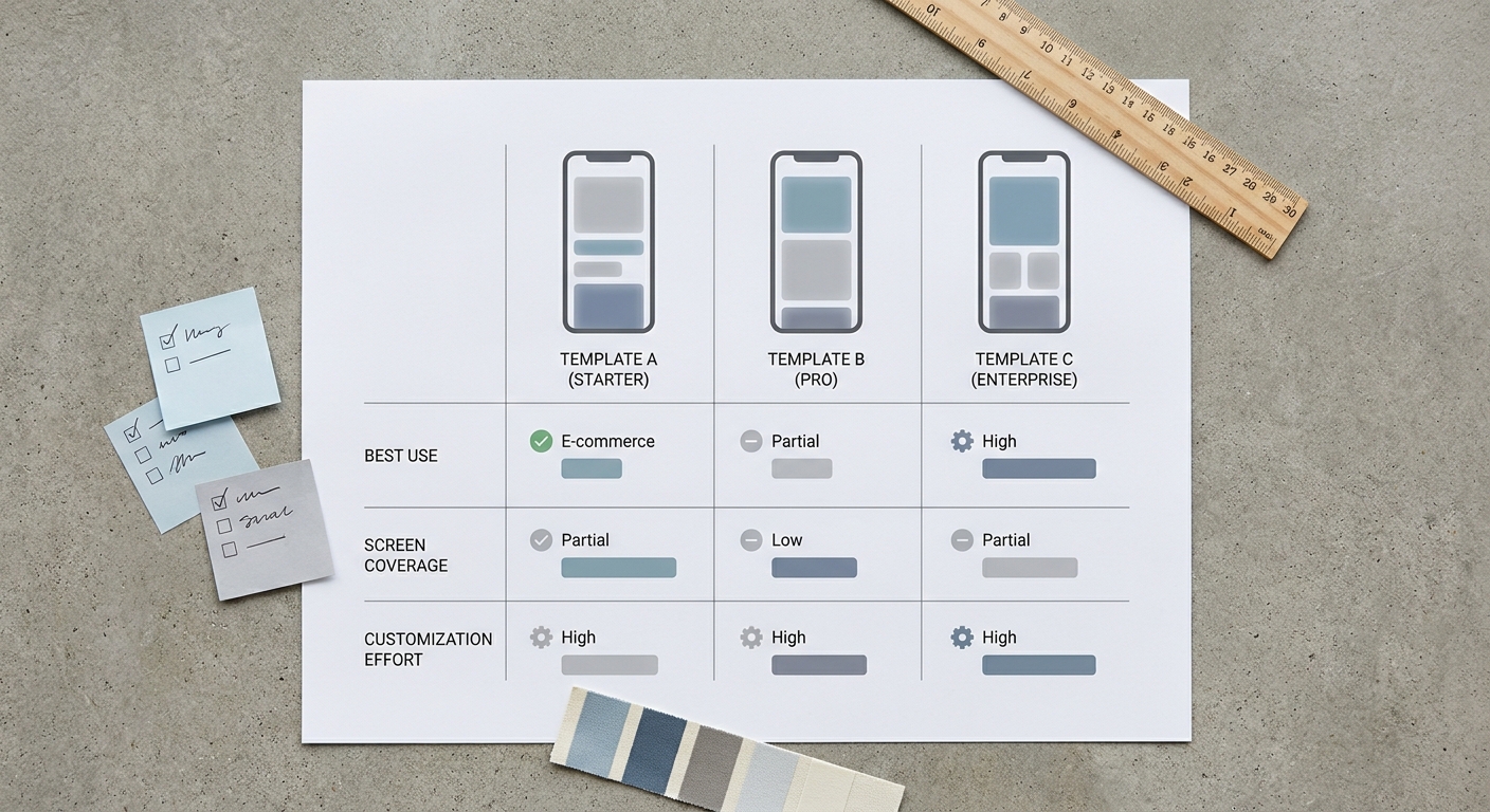 Comparison table of free Figma mobile app templates with best use case, screen coverage, and customization effort.