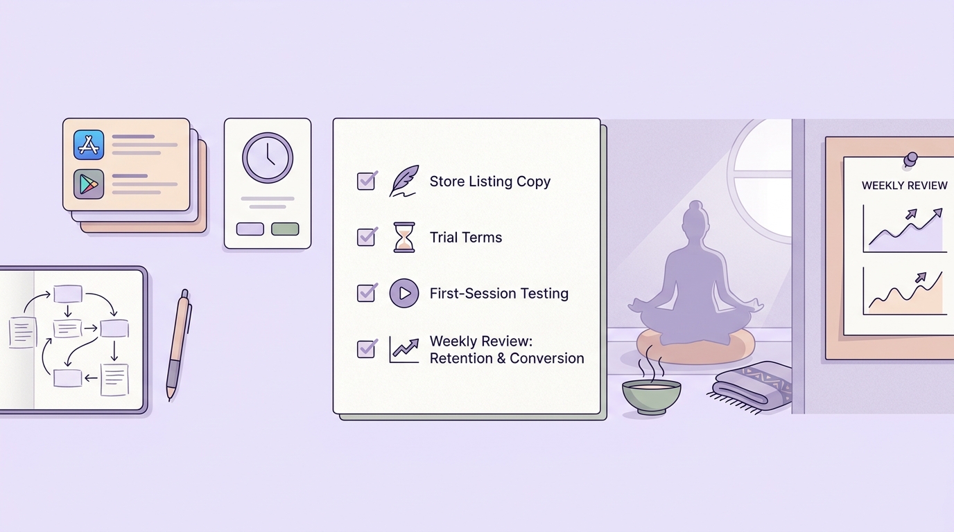 A launch checklist for a meditation app covering store setup, pricing, testing, and post-launch metrics.