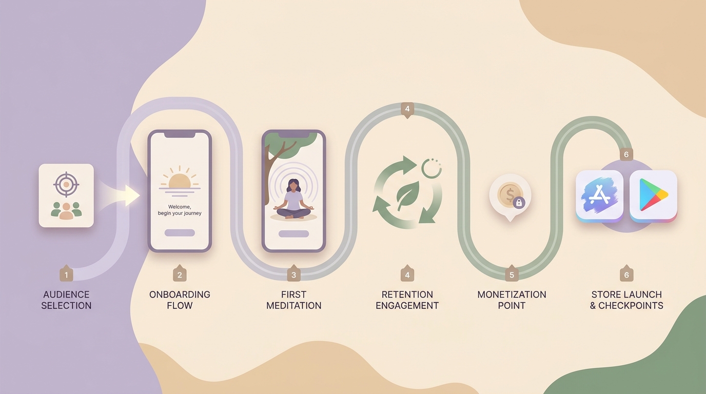 A workflow diagram for building and monetizing a meditation app from audience selection through onboarding, retention, and paywall placement.