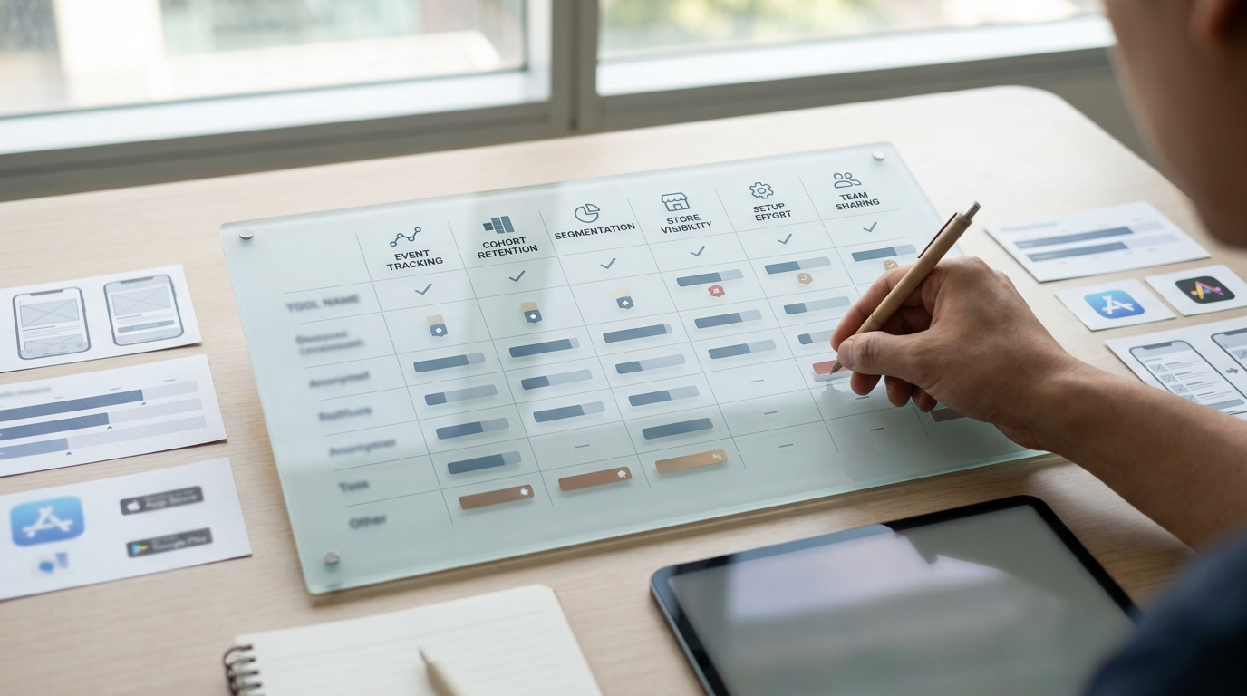 Comparison table of ranking criteria for mobile app analytics tools in 2026.