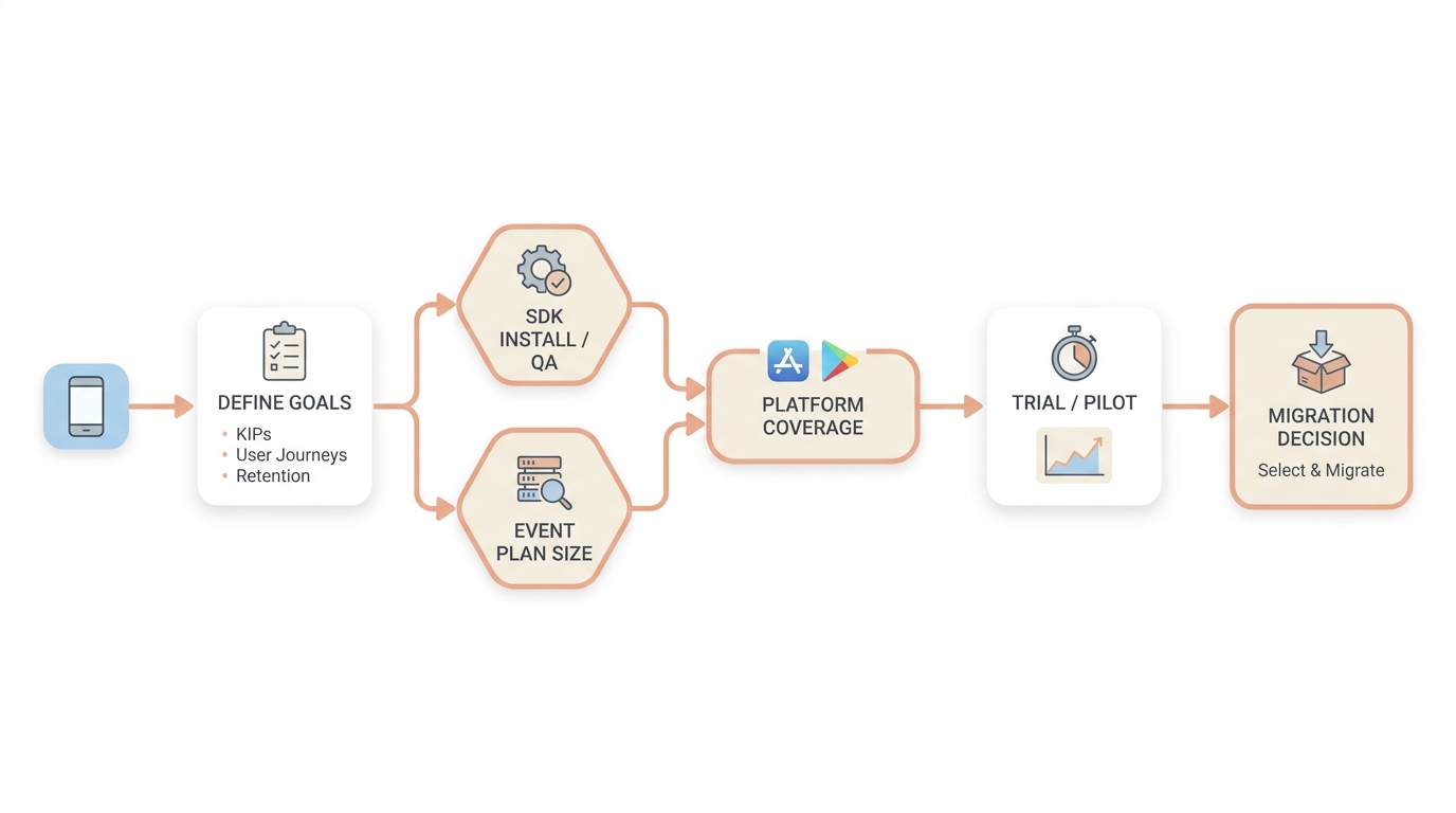 Decision flow for choosing a mobile app analytics tool in 2026.