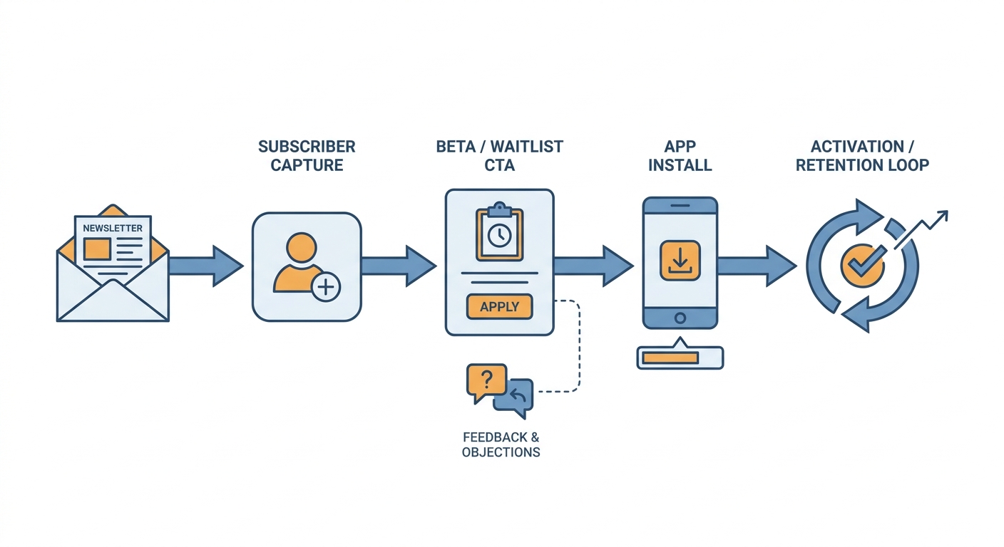 Funnel diagram connecting a Substack post to subscriber capture, app install, and activation. Funnel diagram connecting a Substack post to subscriber capture, app install, and activation.