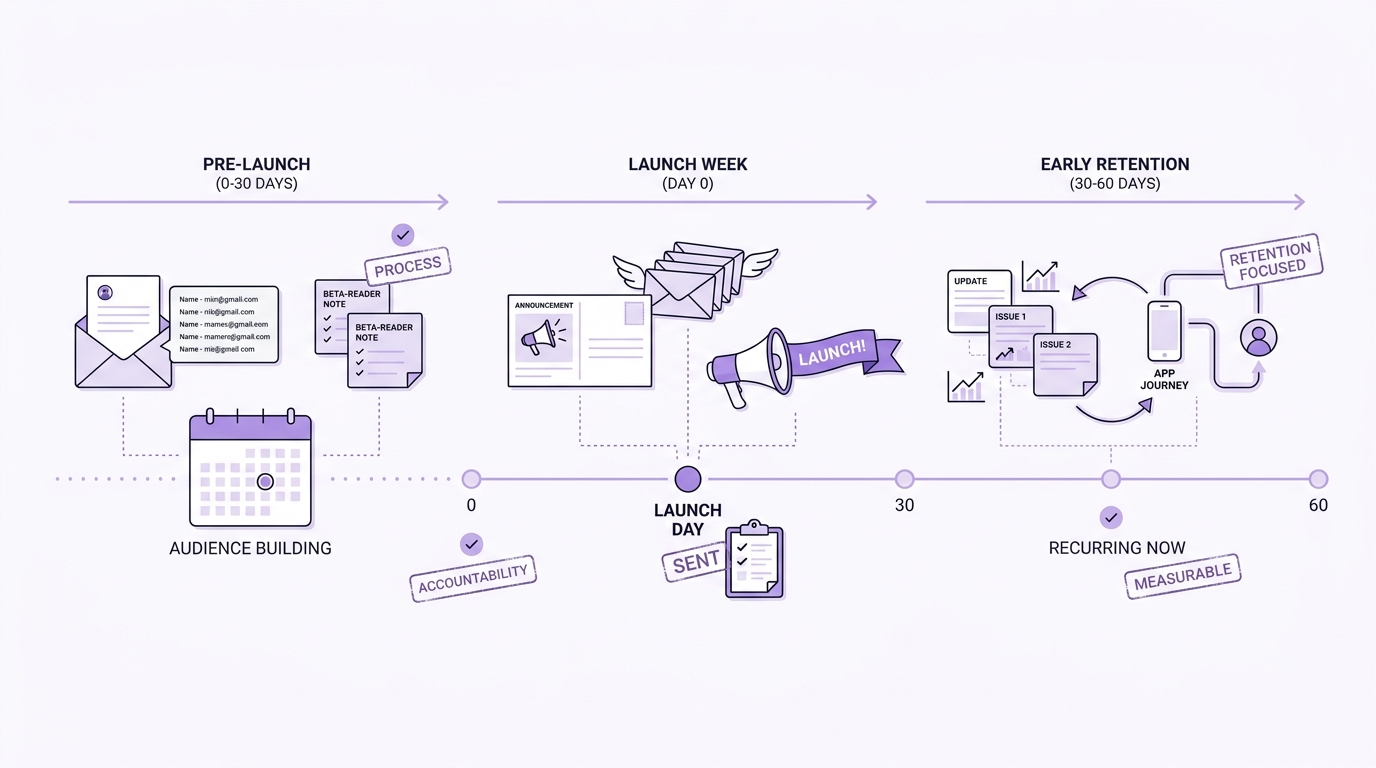 Timeline of Substack use for an app across beta, launch, and early retention phases. Timeline of Substack use for an app across beta, launch, and early retention phases.
