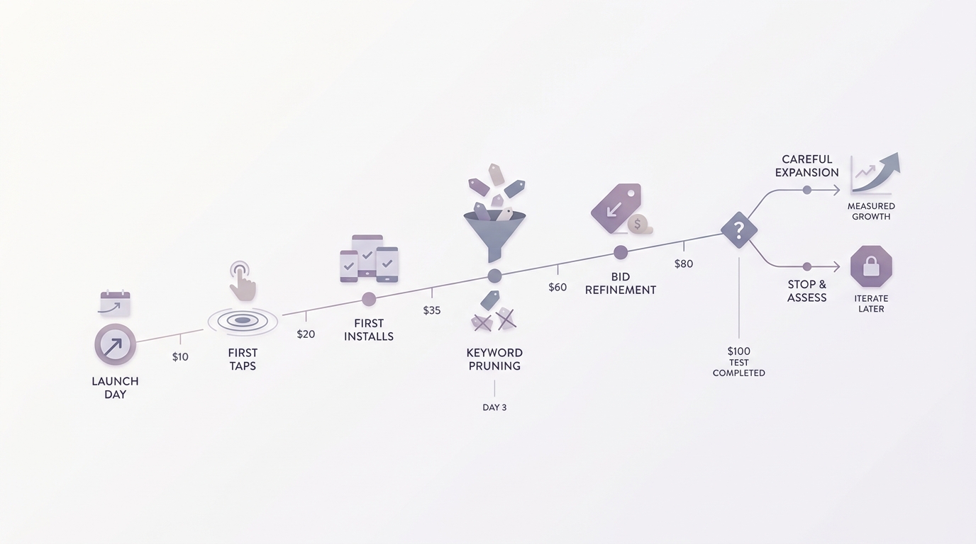 Timeline of a $100 Apple Search Ads experiment showing launch, first installs, pruning, and follow-up decisions.