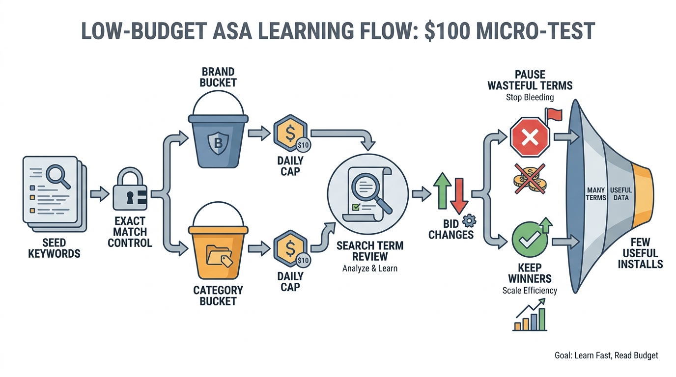Workflow diagram of a $100 Apple Search Ads setup from seed keywords to bid changes and pruning.