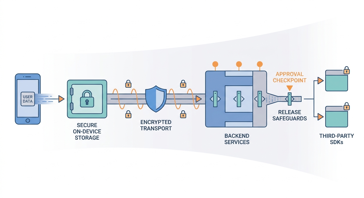 Process diagram of secure user data flow in a mobile app from device to backend with encryption and access controls.