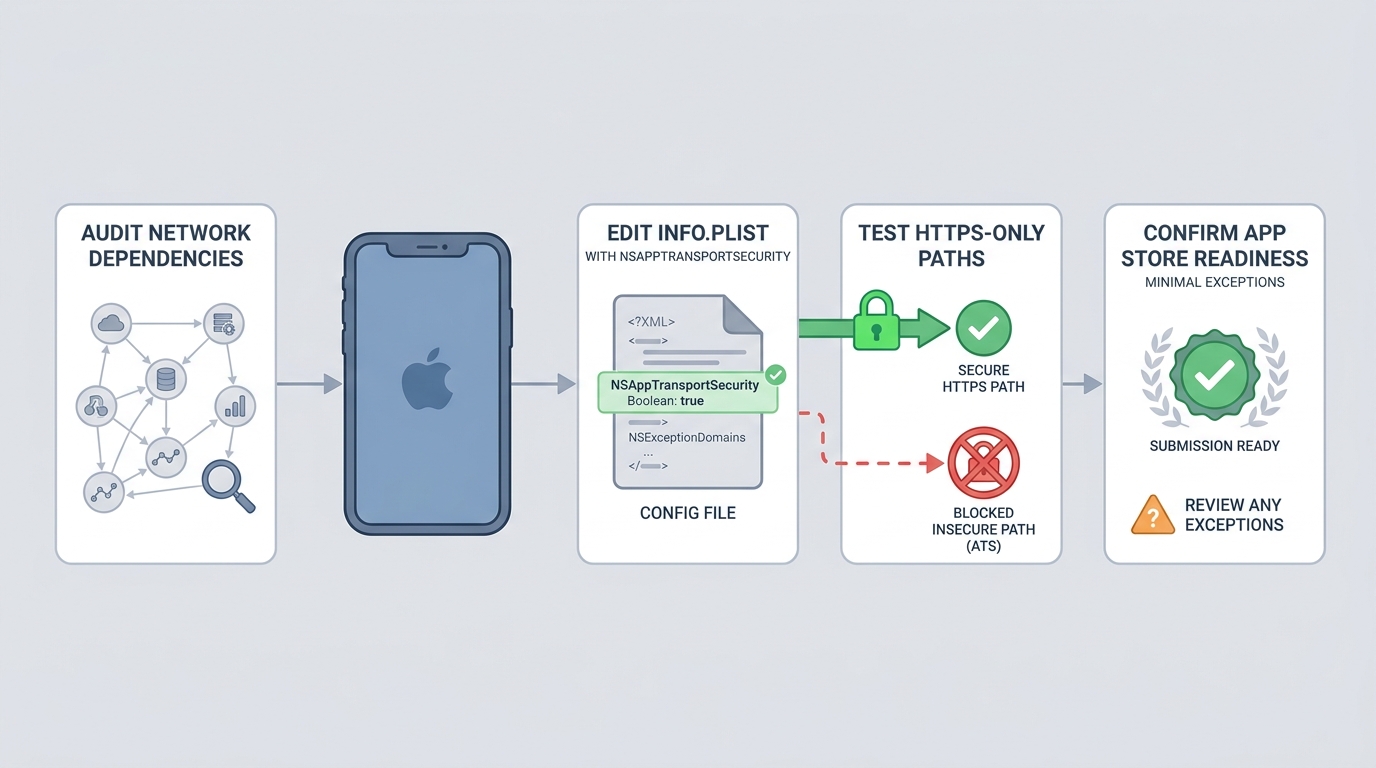 Process diagram for auditing network dependencies, updating Info.plist, testing the build, and preparing for App Store submission.