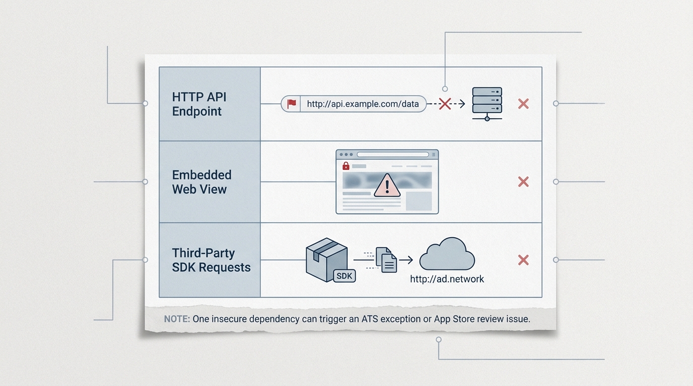 Diagnostic callout listing common ATS breakpoints such as HTTP endpoints, web views, and third-party SDK calls.