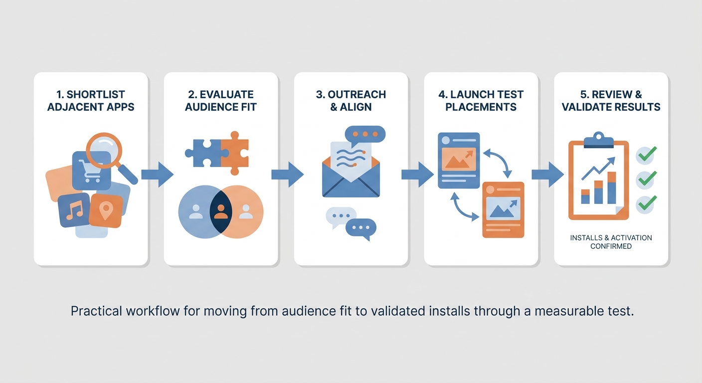 Workflow diagram of finding an app partner, qualifying fit, launching a test, and reviewing install and activation metrics. Workflow diagram of finding an app partner, qualifying fit, launching a test, and reviewing install and activation metrics.